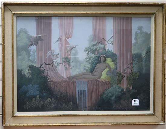 Manner of Felix Kelly (1916-1994), gouache, Surrealist interior with reclining nude, 55 x 75cm